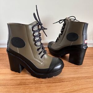 Hunter Women Size 6 Bullseye Block Heel Rain Ankle Lace Up Boots Green Black